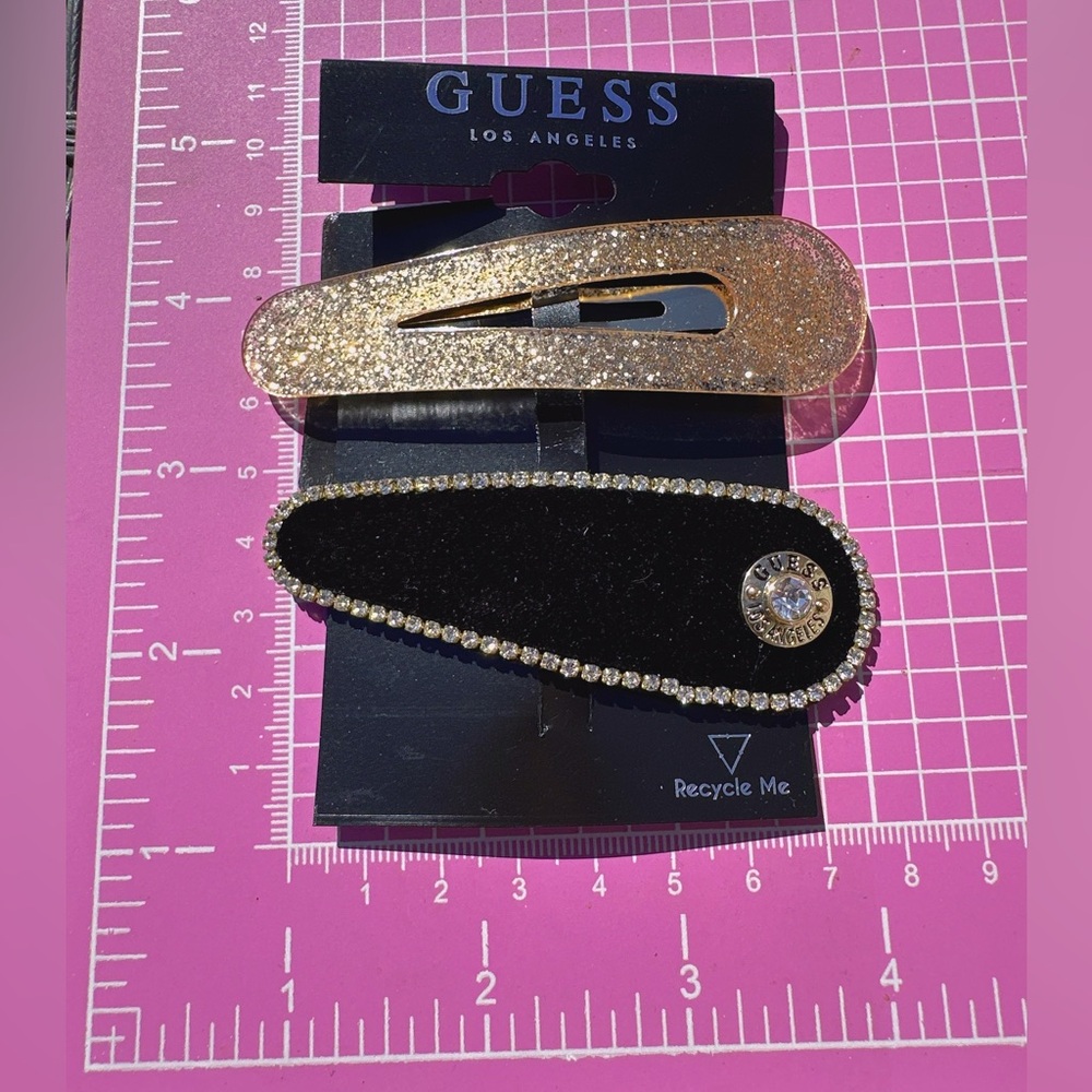 Guess hair clips gold tone black velvet crystal logo paved sparkling reflective